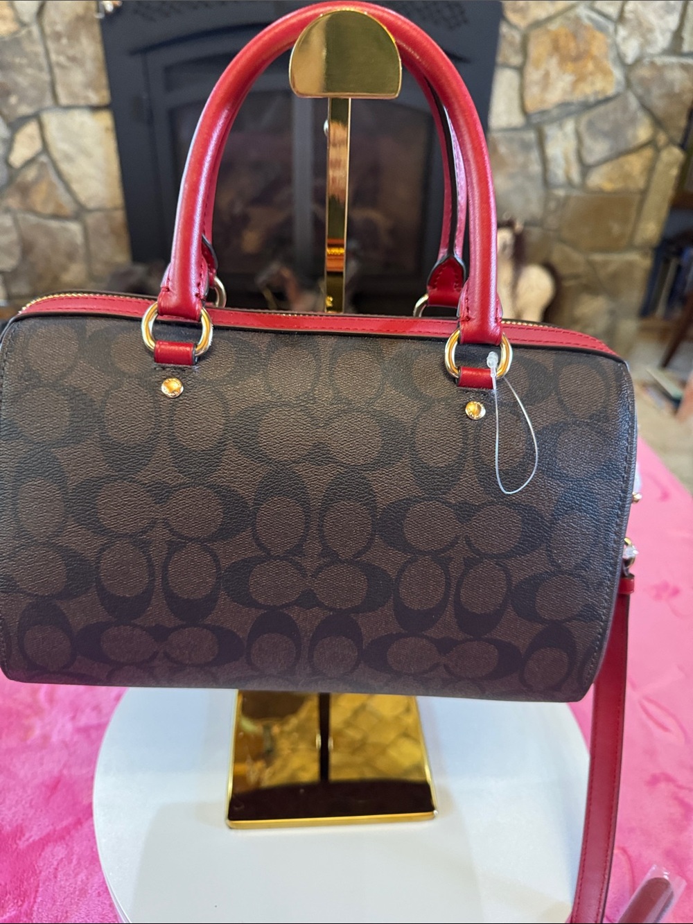 NWT Coach L2122‑83607 Chocolate Embossed Satchel Red Trim Gold Hardware - Picture 3 of 5